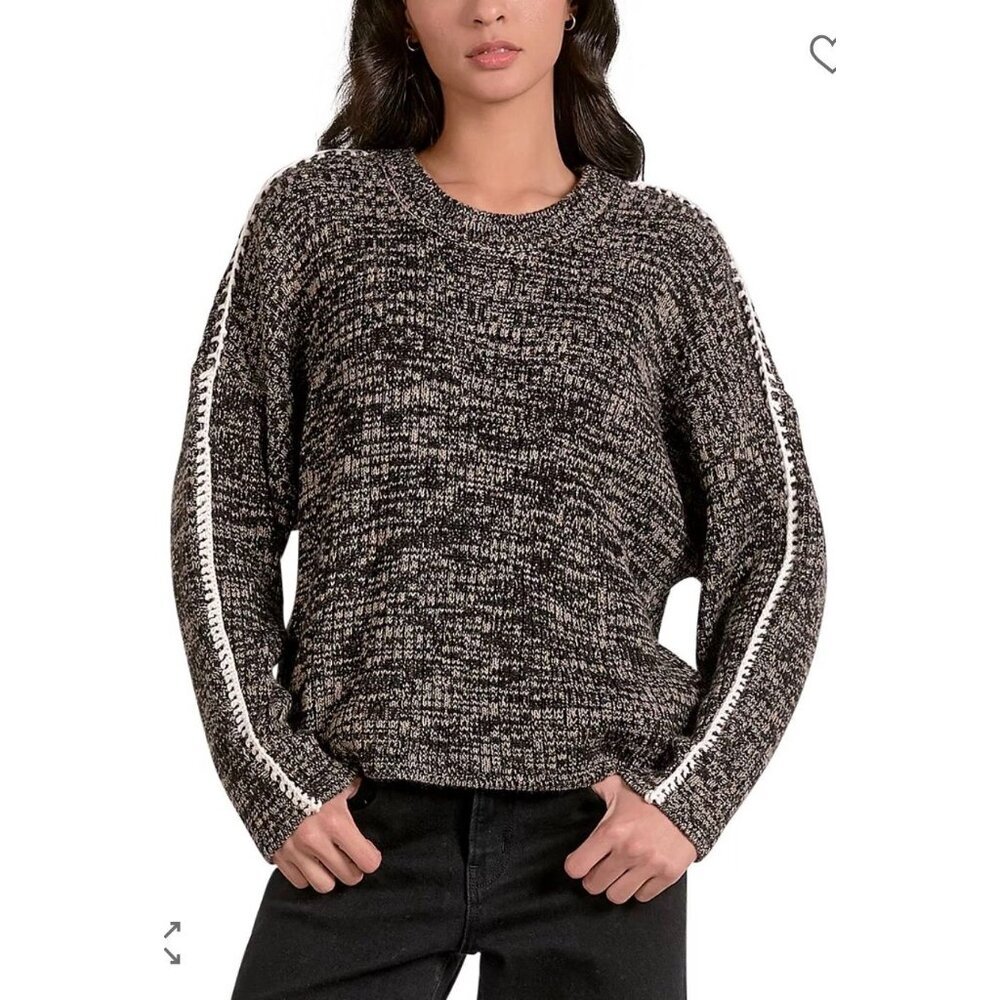 NWT Elan Ribbed Blanket Switch Sweater Black Tan Size L $118 [jb]